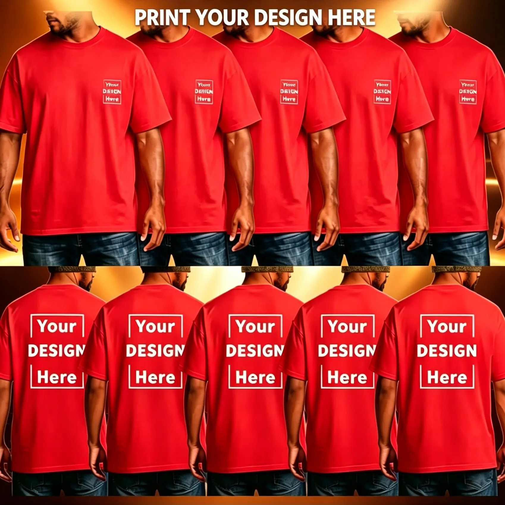 Set of 5 Custom Men's T-Shirts, Upload Your Logo/Pattern to the Front or Back, Breathable, Soft, and Comfortable