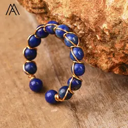 Metal Wire Natural Gemstone Beads Rings Women Lapis Rainbow Tourmaline Handmade Open Ring Designer Party Wedding Jewelry Gifts