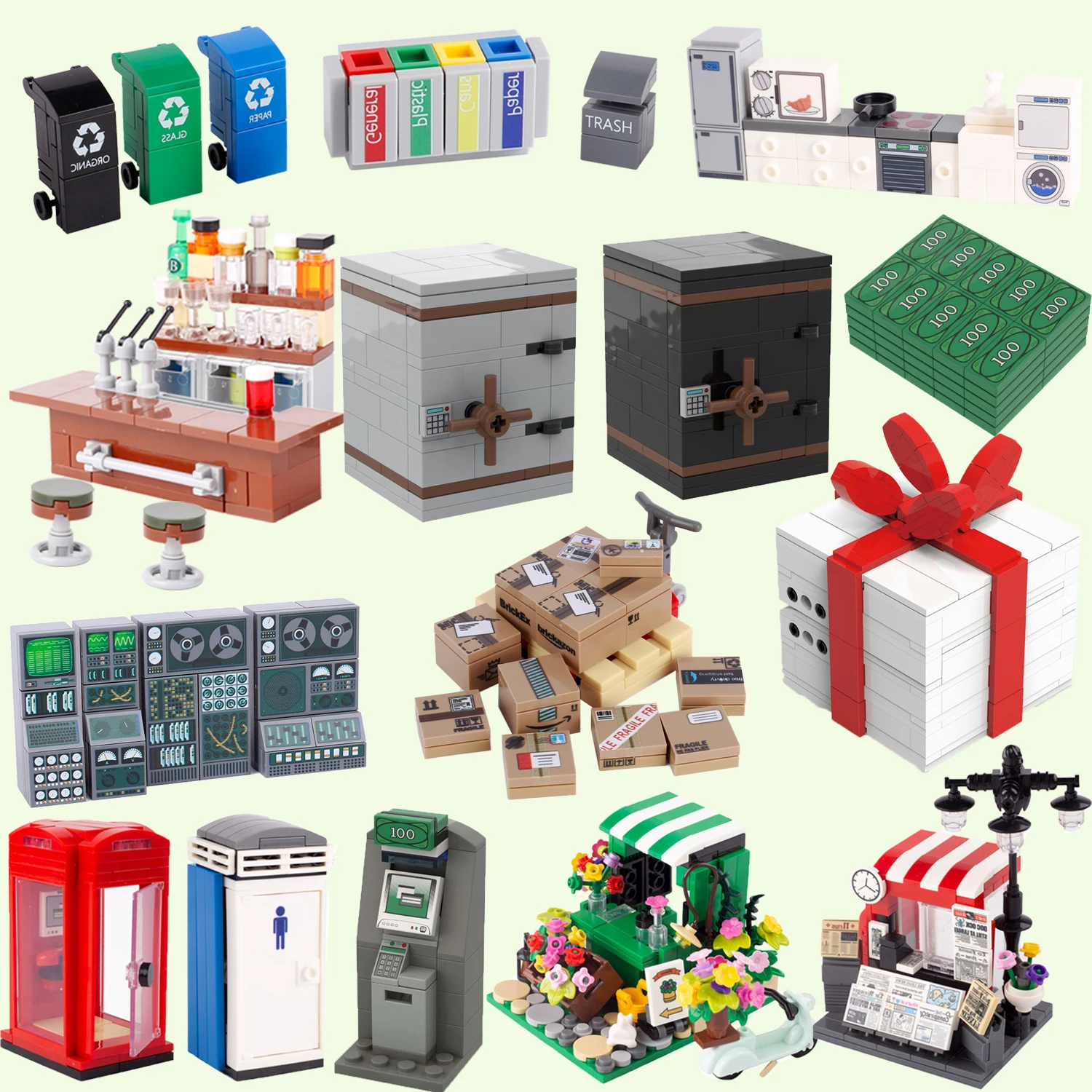 MOC 도시 거리 장면 트럭 자동차 빌딩 블록 보물 상자 시리즈 트랙터 세발 자전거 컴퓨터 모니터 모델 벽돌 어린이 장난감 선물