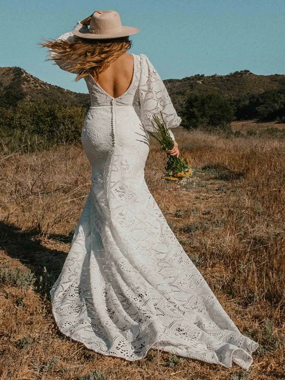 Vestido sem encosto com decote em v sexy para noiva, manga comprida, vestido de noiva, laço boho, vestido de noiva longo, simples