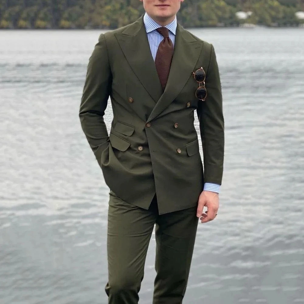 

Green Suits for Men 2 Pieces Double Breasted Blazers Sets Slim Fit Jacket Pants Male Business Banquet Clothing Wedding Custom