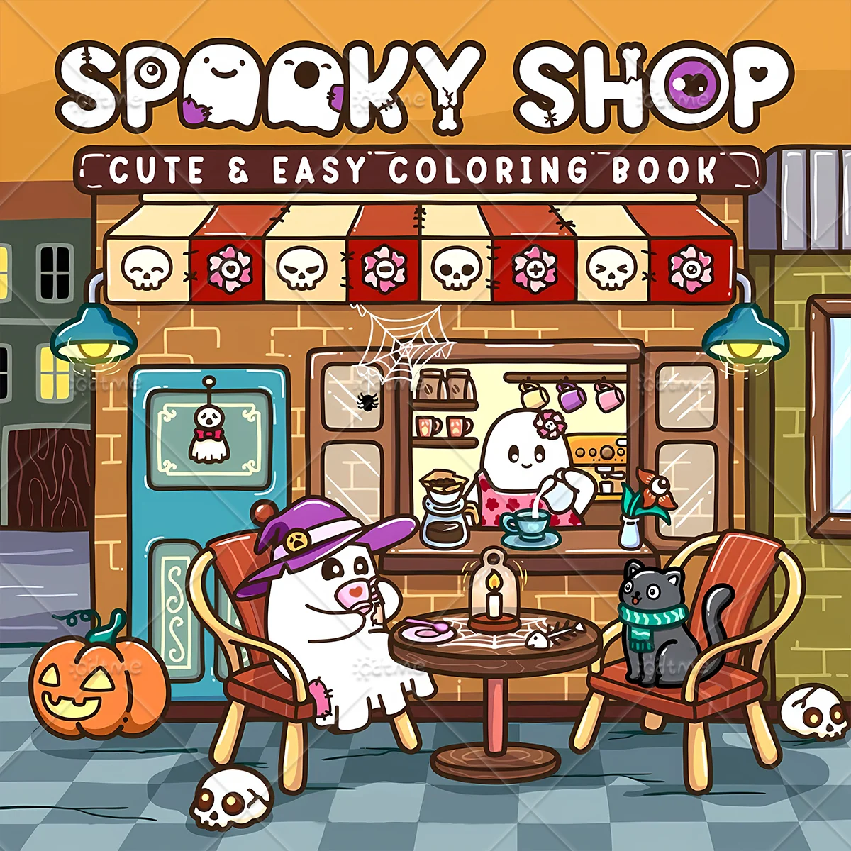 Spooky Shop Adult Coloring Book, Large Print Spooky Halloween Ghost Coffee Store, Scenes, Stress Relief Art Therapy Drawing Book