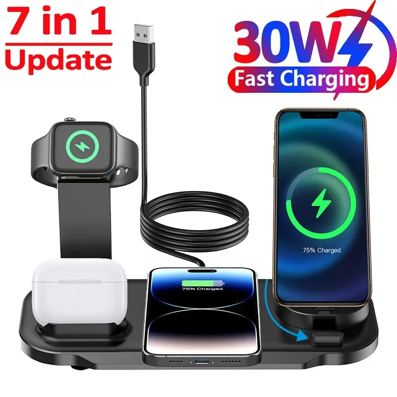 7 in 1 30W Rotate Wireless Charger Stand Pad For iPhone Samsung Xiaomi Apple Watch 8 7 6 Airpods Pro Fast Charging Dock Station