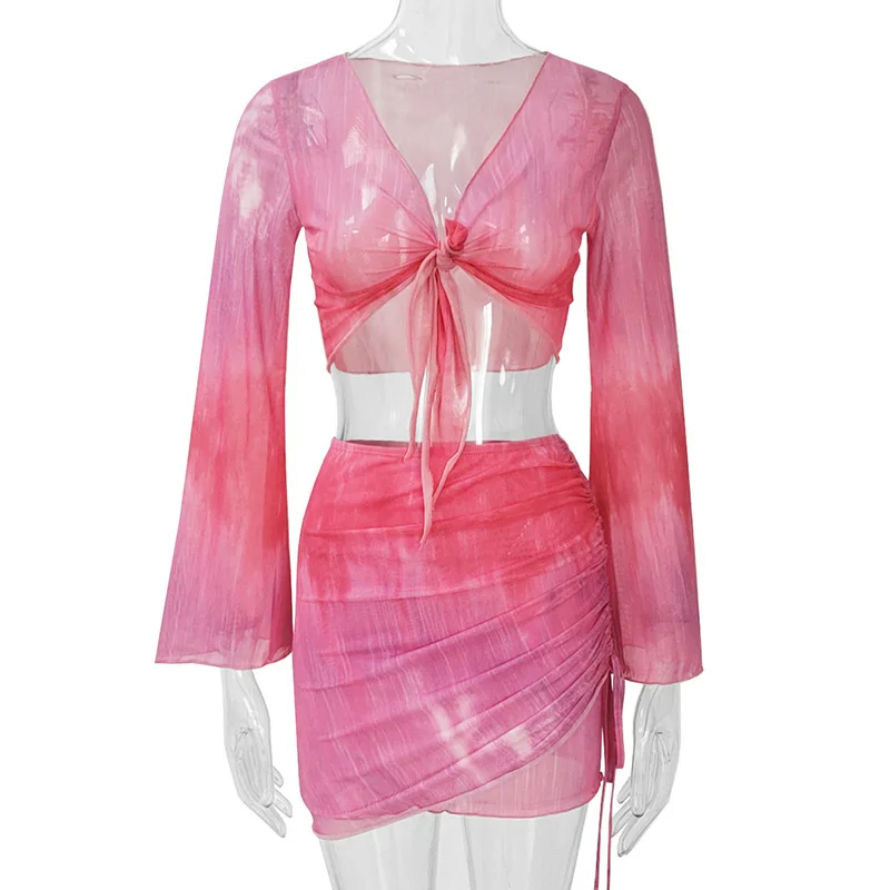 Mode V-ausschnitt Flare Hülse Tie Dye Tops Mini Rock Anzug Frauen Mesh Tees Spitze Up Röcke Neue Sommer Weibliche 2-teiliges Set Outfits – Detail 20