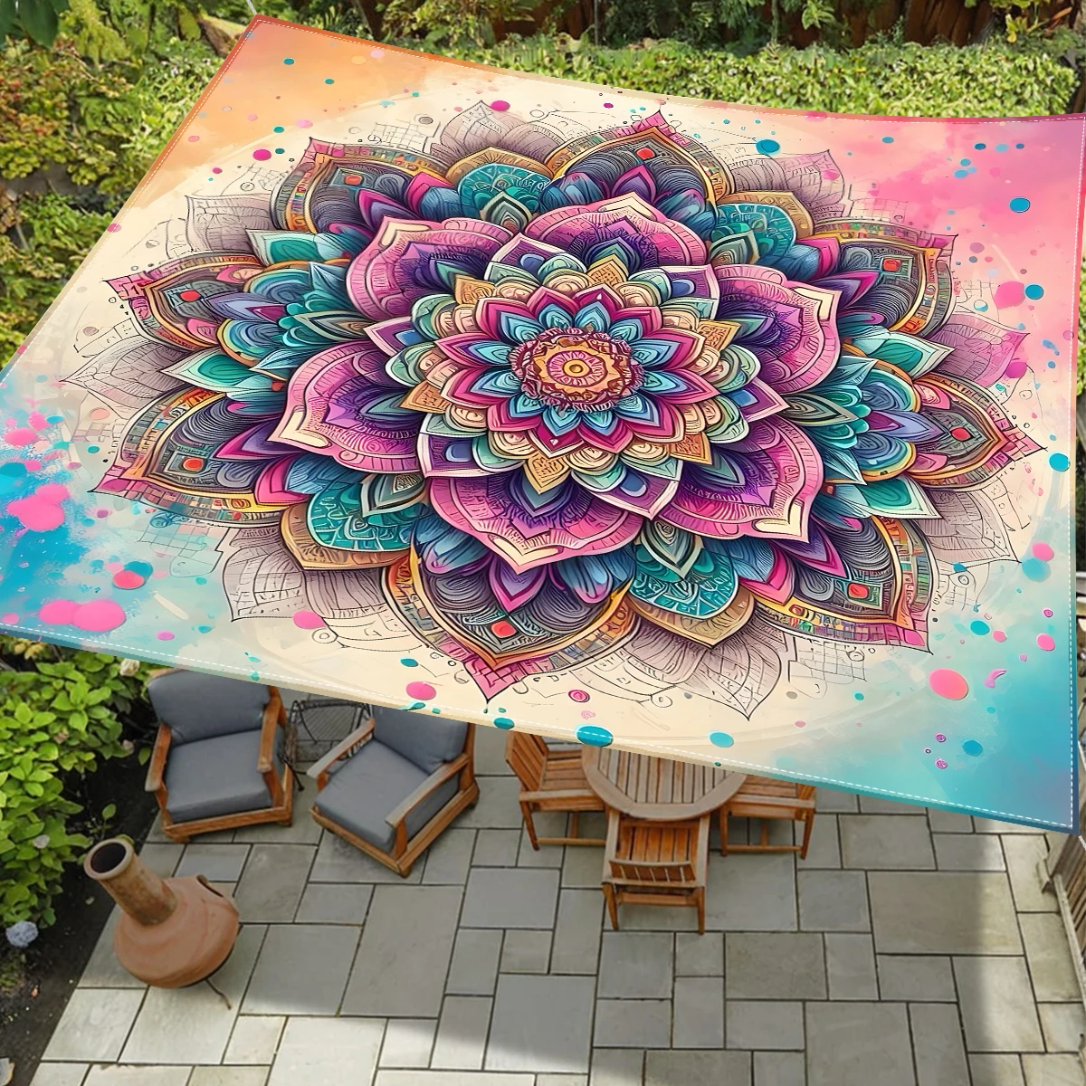 1Pc Outdoor Thickened Waterproof Sunshade Mandala Pattern Tent Sidewall Canopy, Outdoor Garden Patio Awning Canopy Beach Tent Sunshade with Free Rope (Does Not Include Stand)