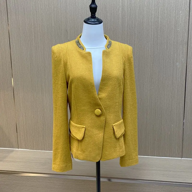 

2024 Autumn Winter New Women's Solid Color Stand Collar Diamonds Asymmetrical Button Elegant Slim All-match Long Sleeve Coats