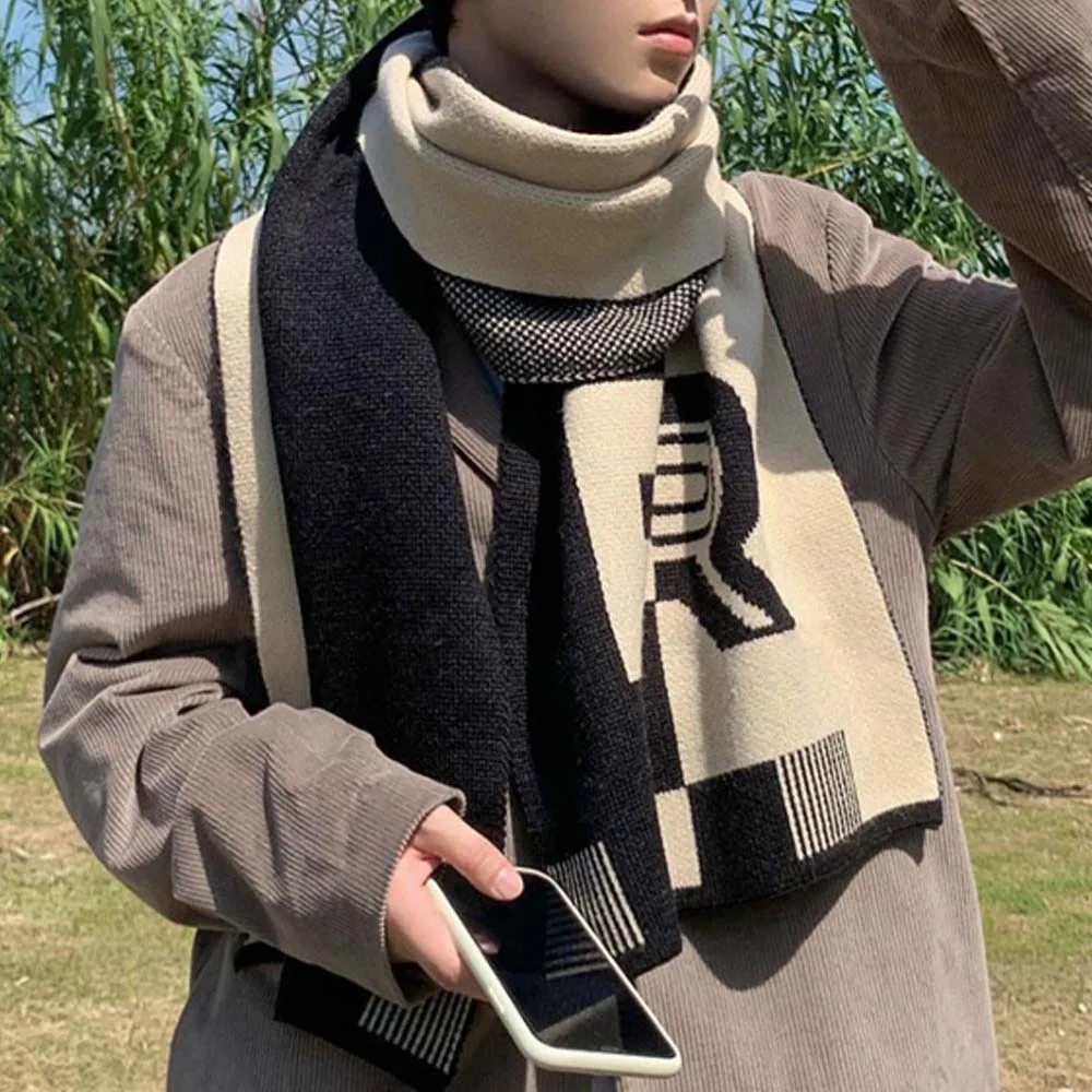 

Large Acrylic Fibres Color Blocked Scarf Long Warmer R-shaped Knitted Scarf Stole British Style Men Thick Shawl Outdoor