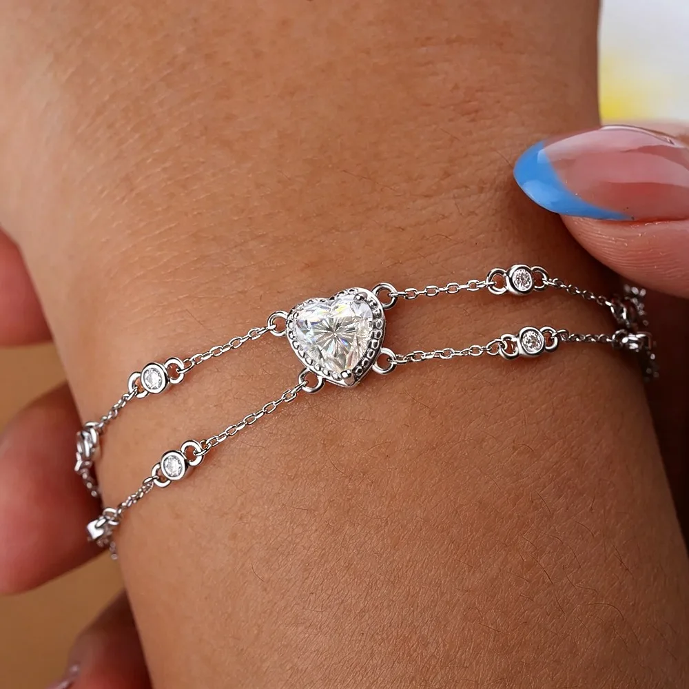 1.2CT Heart/Oval Cut Moissanite Halo Diamond Bracelet S925 Sterling Silver Adjustable Double Hand Chain for Women Jewelry Gift