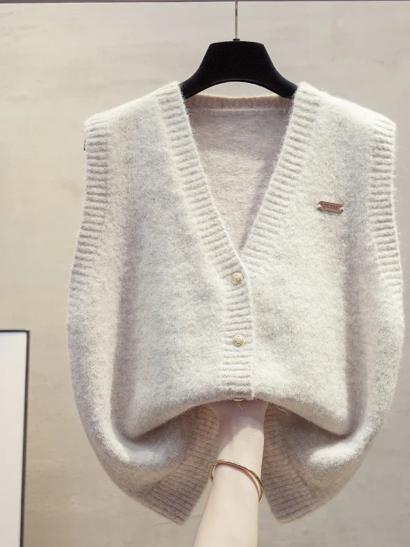 Women's Open Cardigan V-Neck Knitted Vest Loose Outerwear Trendy Layering Sweater Shoulder Pad Autumn Winter New Arrival