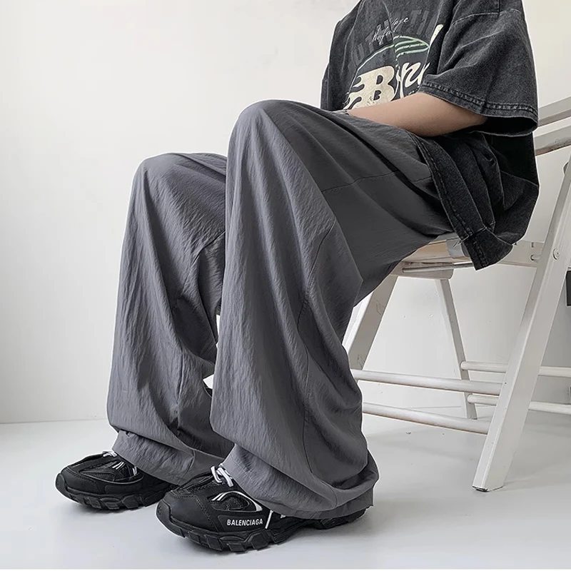 

Summer Casual Pleated Ice Silk Wide Leg Pants Men Fashion Loose Pure Color Trousers Mens Streetwear Vintage Drawstring Long Pant