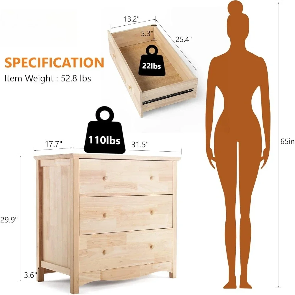 Commode en bois massif inachevé couleur bricolage, commode à 3 tiroirs pour chambre à coucher, commode en bois de caoutchouc naturel, commodes pour bébé
