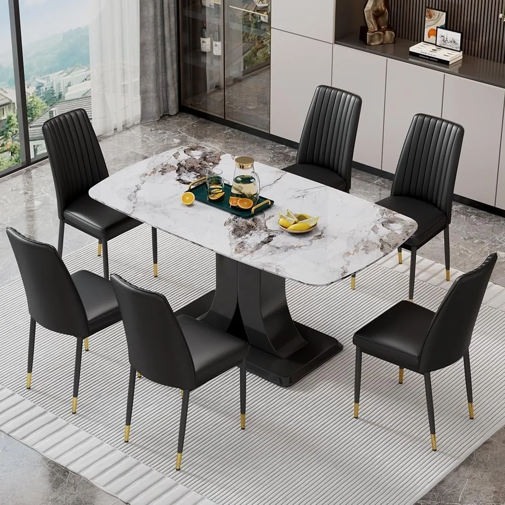 Dining Table Set for 6, Kitchen Table with 6 Pu Leather Upholstered Chair for Dining Room, Marble Table Chair Set for 6