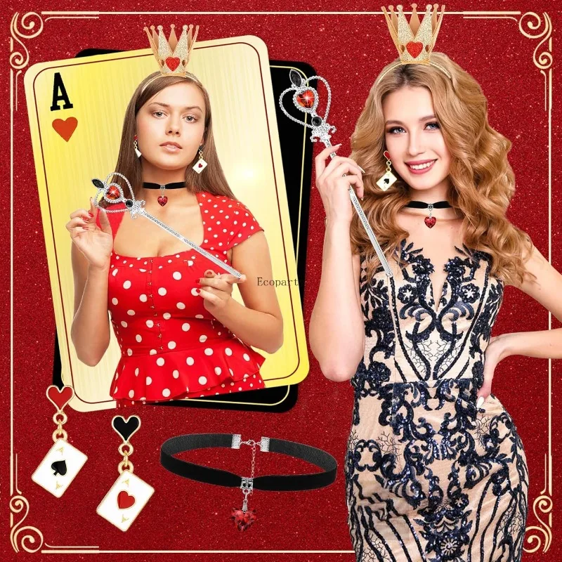 6 قطعة زي ملكة القلوب الأحمر الملكة زي الاكسسوارات عقال للرأس على شكل تاج عصا المختنق قلادة الجوارب القلب الدائري أقراط الهالوين