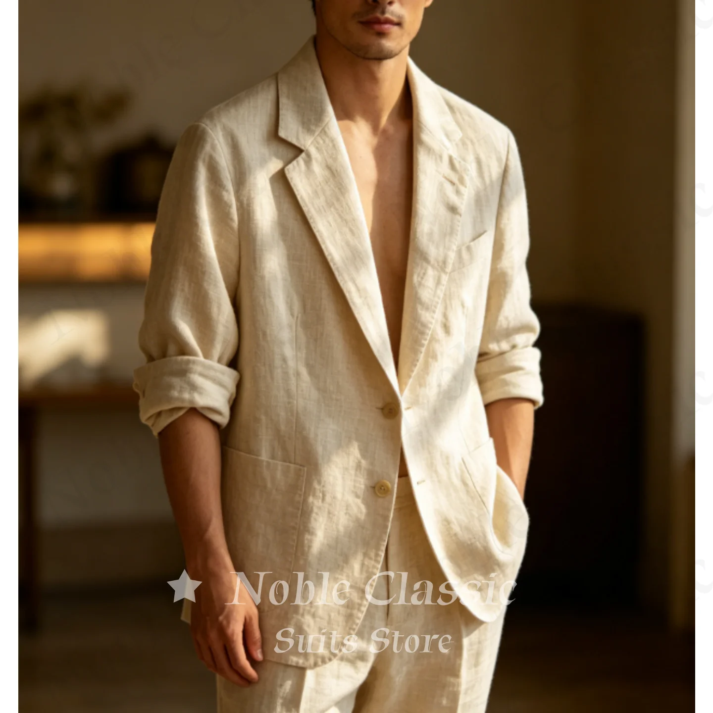 

Natural Raw Beige Linen 2 Piece Suit Men Two Button Notch Lapel Patch Pocket Relaxed Fit Summer Beach Blazer Pants Customized