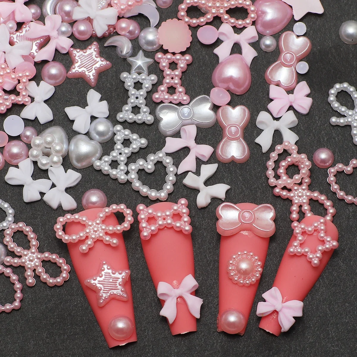 1 Box Nail accessories 3d Nail Charm Resin Love Bow Pentagram Nail Accessories Mixed Pink White resin Hollow Pearl for manicure
