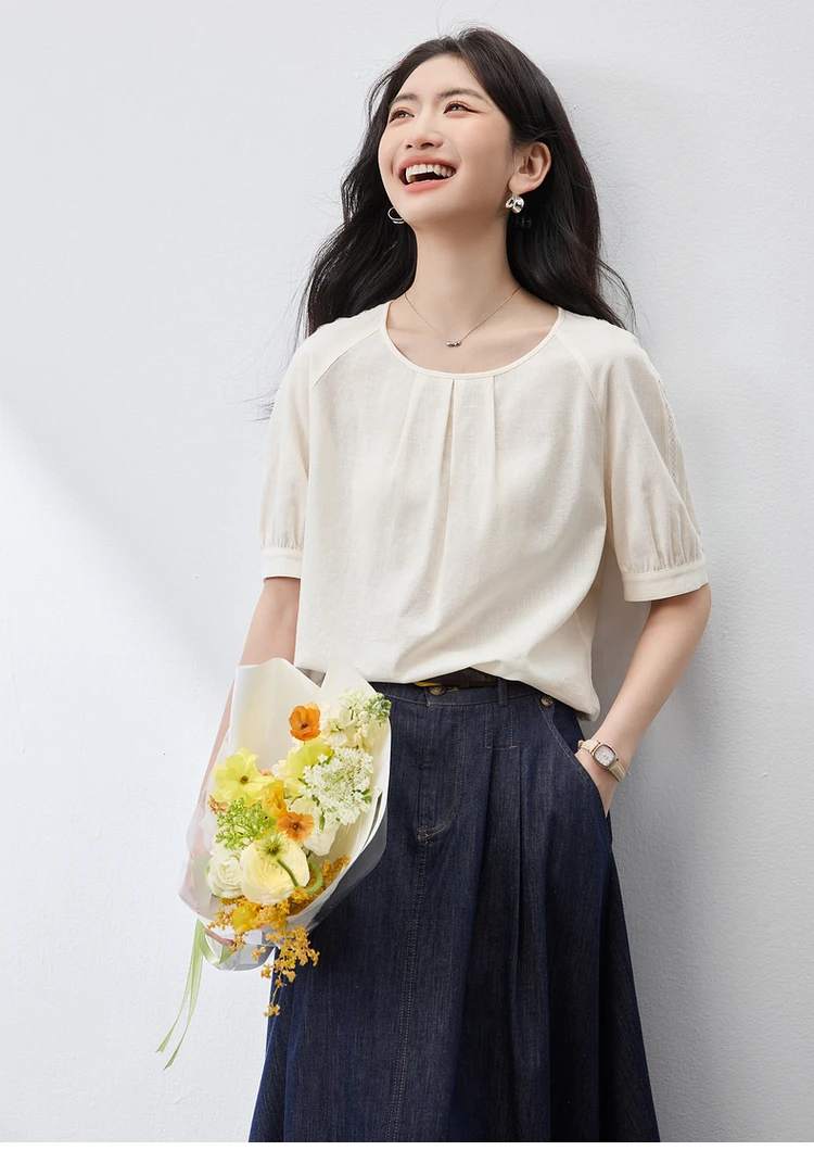 

SENTUBILA Casual Women's Blouses 2025 Spring Summer Loose Fit O Neck Hollow-out Short Sleeve Simple Female Shirt 152V59089