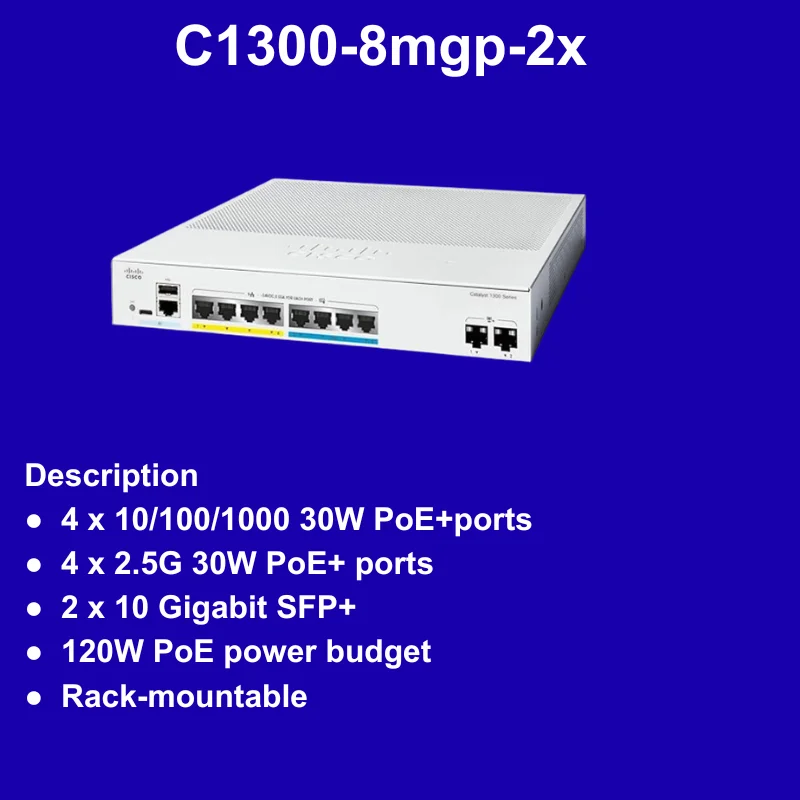 C1300-8MGP-2X for Catalyst 1300 Series 10-Port POE Switch Supports SNMP QoS Stackable 56 Gbps Capacity