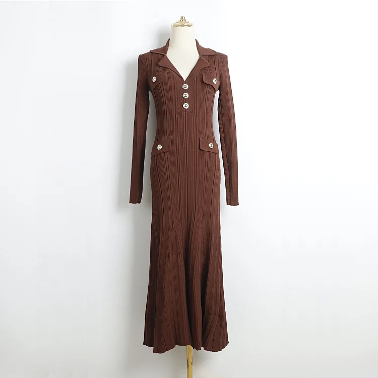 

French Elegant V-Neck Long Knit Mermaid Dress for Spring and Autumn