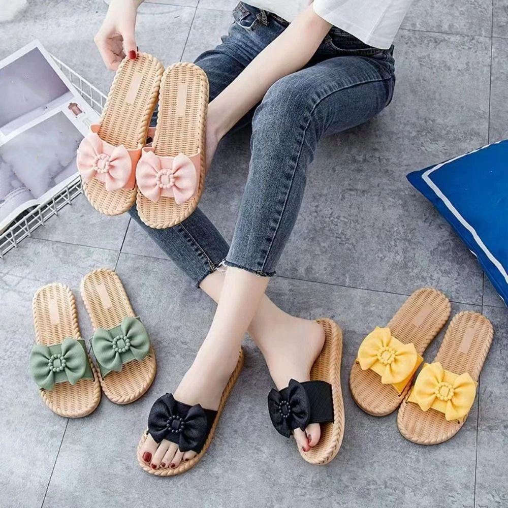 All Match Bead Bow Flats Slippers Flip Flops PVC Slippers for Women Shoes Sweet Slides Sandals Beach
