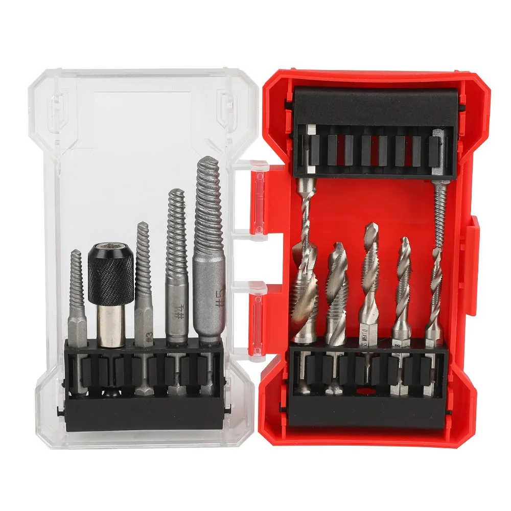 

12 шт./компл. метчики с шестигранным хвостовиком, набор сверл с коробкой для хранения, противоскользящие метчики из быстрорежущей стали, сверло, экстрактор метчиков