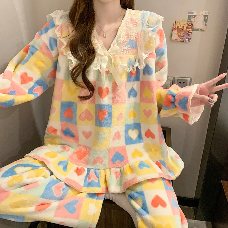 

Женский пижамный комплект из кораллового флиса, утепленный теплый стиль принцессы, домашняя одежда, осенне-зимняя одежда для дома, теплый пижамный костюм с длинными рукавами
