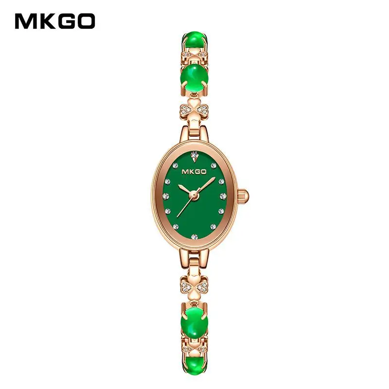 MKGO jam tangan gelang Quartz wanita, jam tangan hadiah 30M tahan air Premium indah kristal zamrud