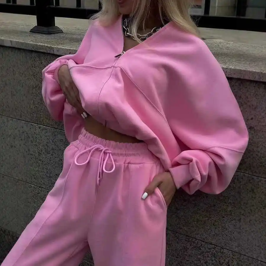 

Casual Zipper Sweatshirt Set Women's Autumn Fashion Two-Piece Suit Comfortable Cotton Polyester Blend Nine-Piece Pants