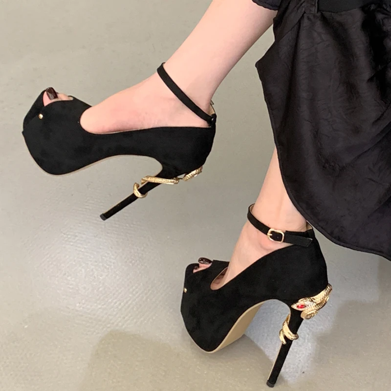 

Women's Peep Toe Faux Suede Snake Metal Decor Ankle Buckle Strap Thick Platform Stiletto Heel Sandals,Nightclub Party Footwear