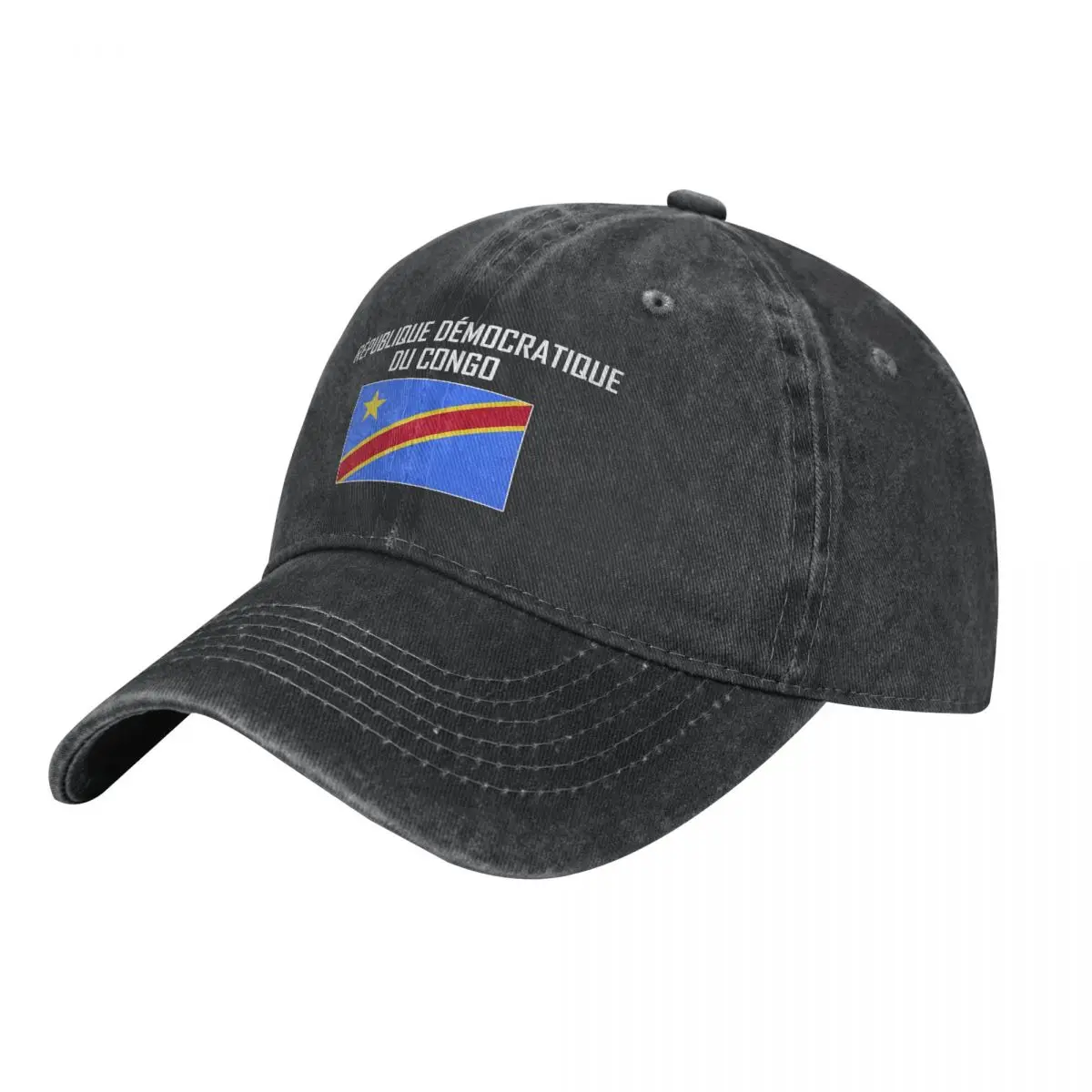 Men Baseball Cap Democratic Republic Of Congo Flag And Font Charcoal Washed Denim Vintage Cotton Dad Trucker Hat Unisex Adult