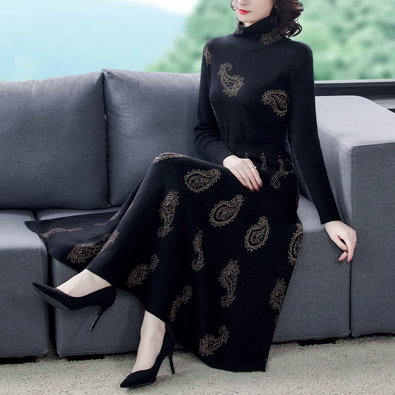 

2023 New Vintage Knitted Dress Women's Autumn and Winter Black High Neck Long Sleeve Loose Fit Casual Holiday Dress Vestidos