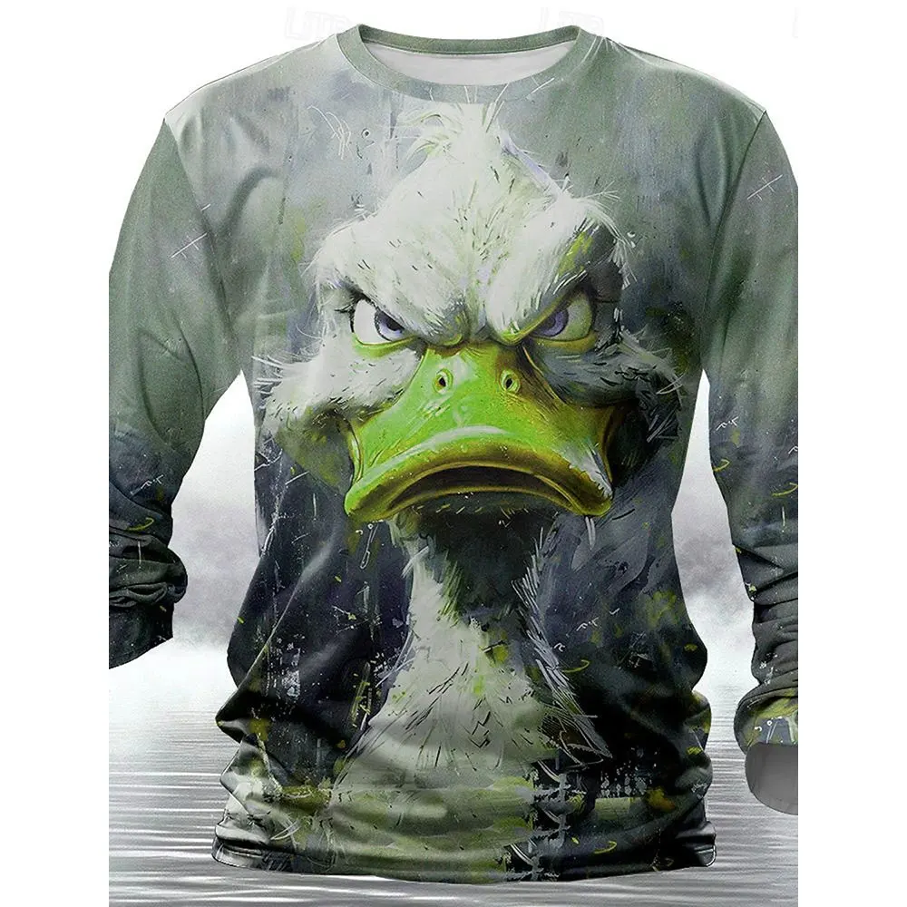 2024 New Men's Cartoon Flat Bill Duck Printed T-shirt Spring And Autumn New Round Neck Long Sleeve Men's Casual Loose Daily Top