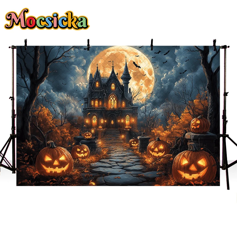 Mocsicka Fall Halloween Backdrop Photography Spooky Castle Moon Pumpkin Decor Cake Smash Kids Portrait Photo Background Studio