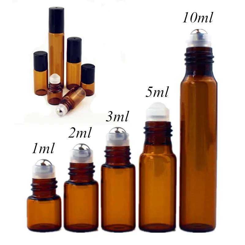 

50pcs/lot 1ml 2ml 3ml 5ml 10ml Clear / Amber Glass Roll on Bottle with Glass/Metal Ball Thin Glass Roller Essential Oil Vials