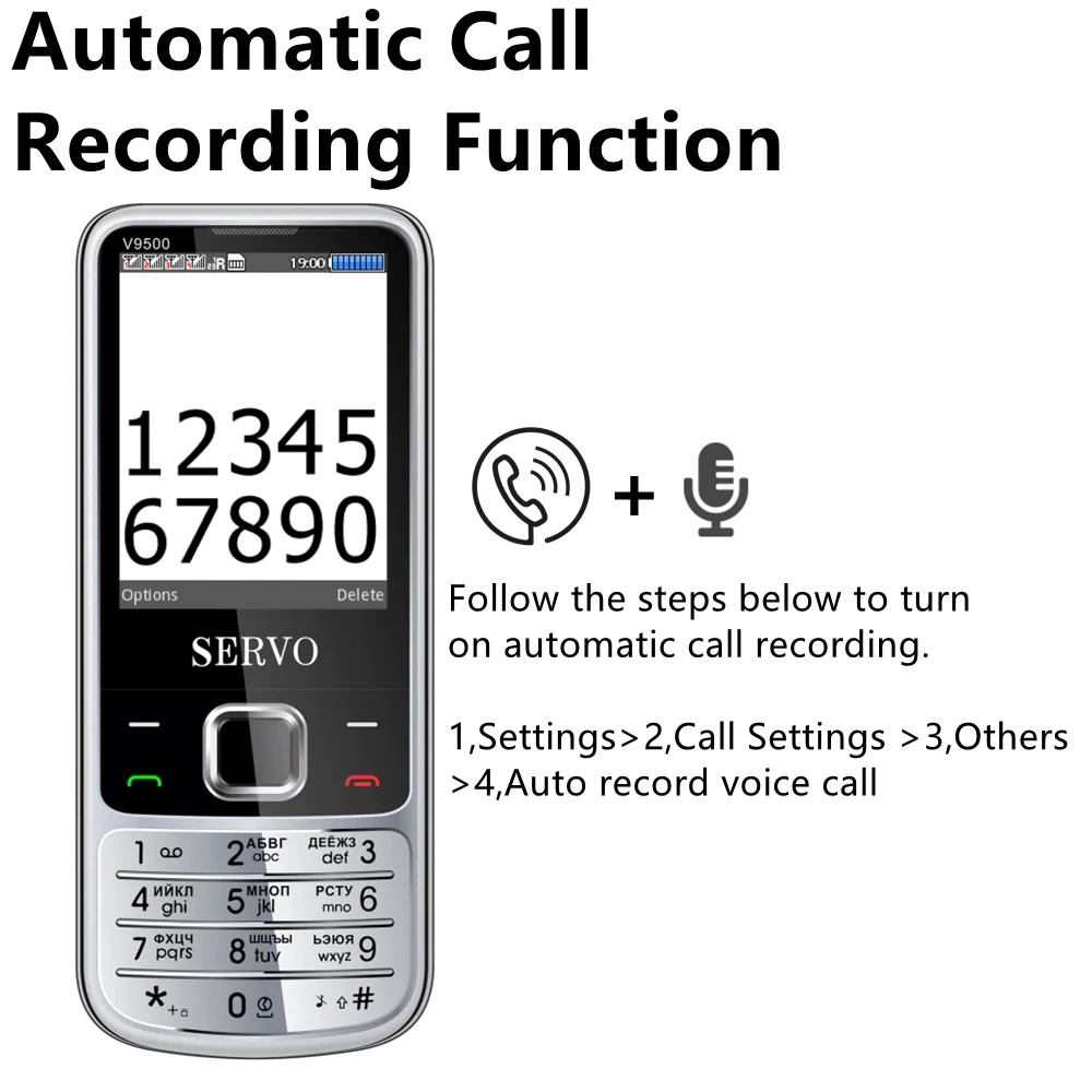 SERVO V9500 4 SIM Card Mobile Phone Auto Call Recorder Vibration Speed Dial Magic Voice Contact List 1000 FM Durable Cellphones