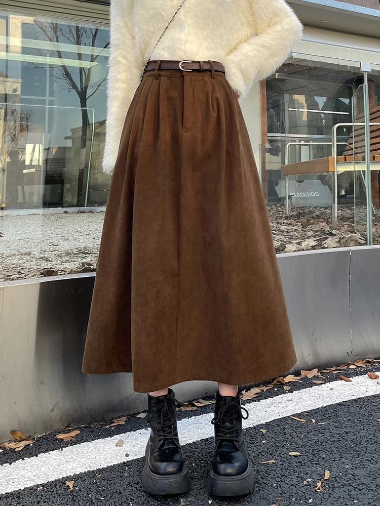 Brown Corduroy Midi Skirt Women Fall Winter Elastic High Waist A Line Long Skirts with Pockets Streetwear Elegant Vintage Skirt