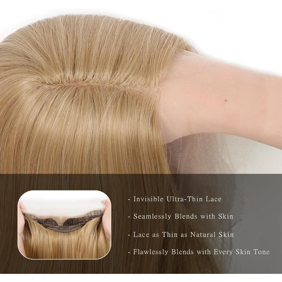 26 Zoll lange blonde synthetische Lace-Front-Perücke für Frauen mit geradem, geschichtetem Stil und HD-Spitze, vorgezupftem Haaransatz, mittlerer Par