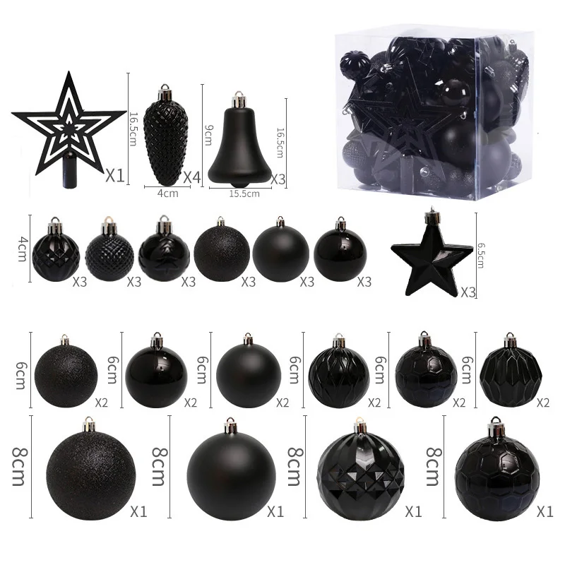 45Pcs Christmas Ball Ornaments Xmas Tree Top Star Decoration Black Red Gold Bauble For Home Navidad Noel Natal Hanging Pendent