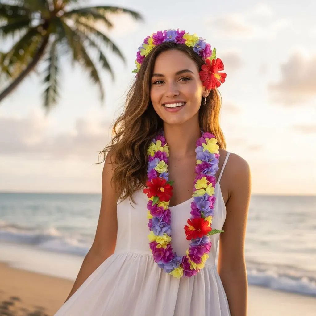 مجموعة Luau Flower Lei (4 عبوات) - قلائد وعصابة رأس من الزهور الحريرية الواقعية - دعائم كشك صور لقضاء العطلات على الشاطئ وديكورات الحفلات