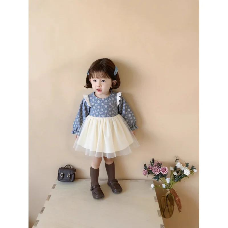 

Mini Girls' Autumn Winter New Dress Baby Princess Fashion Sweet Patchwork Children's Mesh Dress Stylish Wholesale