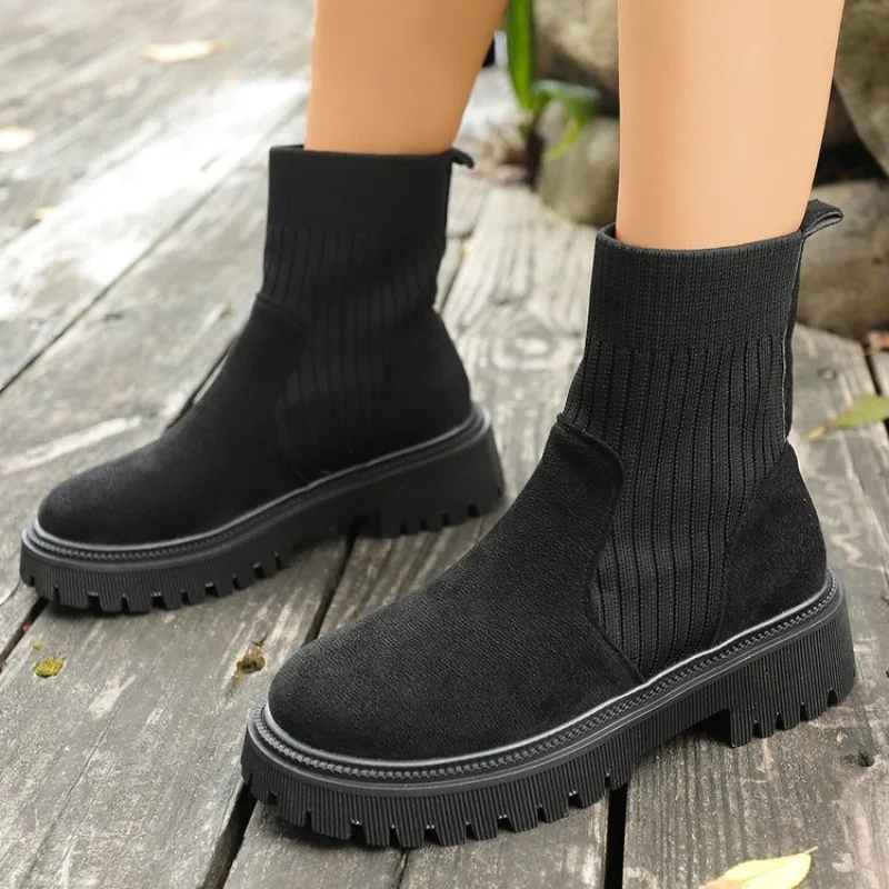 Botines sin cordones para mujer con punta redonda, tacón bajo grueso, aspecto de ante, caña de punto acanalado, plataforma y suela de goma, zapatos casuales para caminar