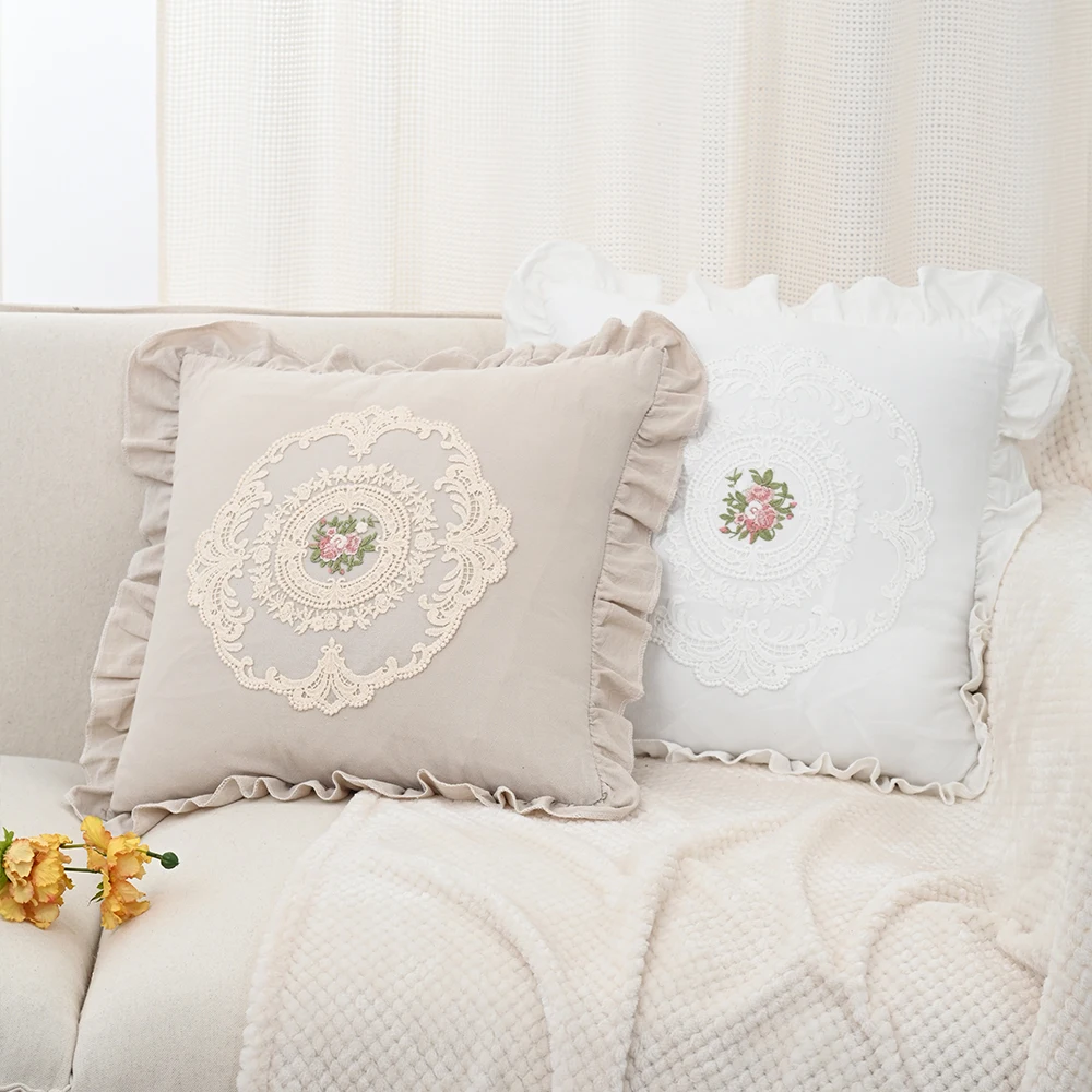 BUYNOW 1 Stück Blumen-Bestickter Spitzen-Kissenbezug Idyllischer Wohnzimmer-Sofa-Kissenbezug Heim-Schlafzimmer-Dekoration Cojines Para Sala – Detail 4