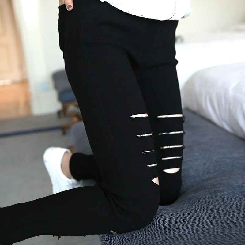 Spring Summer plus Size Women's Skinny Pants High Waist Elastic Casual Bottoming Long Trousers Hole Design Comfortable Fit