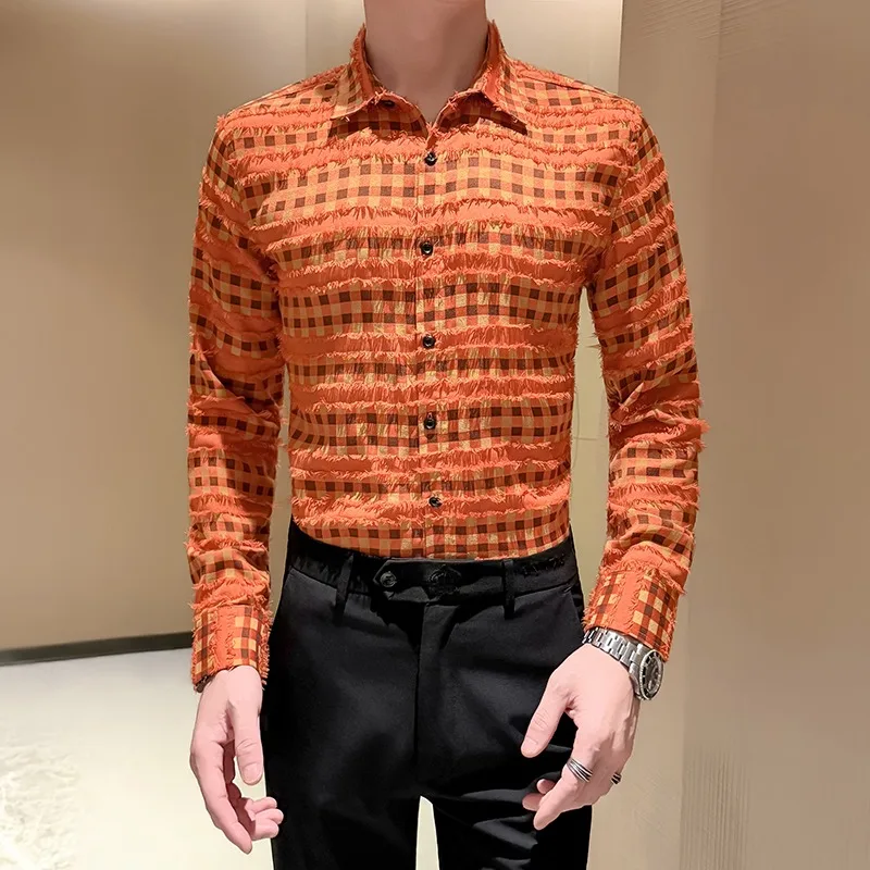 Fashion Autumn Tassel Checkered Shirt Men's Long Sleeved Slim Fit Lapel Casual Shirts Business Social Streetwear Men Clothing