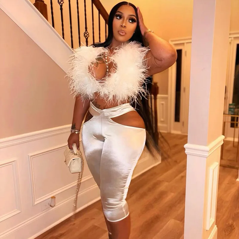 

Furry Sexy 2 Piece Set Women Tracksuit 2025 Fall Backless Tank Tops High Waist Hollow Bike Shorts Nightclub Matching Outfits