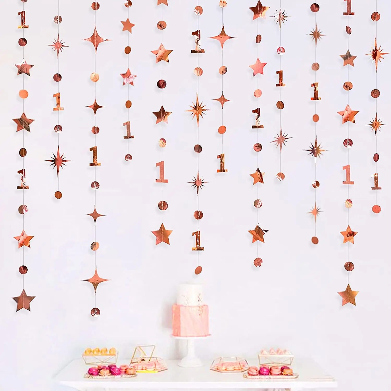 

Rose Gold 1st Baby Girls Happy Birthday Decorations Circle Dots Twinkle Star Garlands Hanging Streamer Backdrop for Anniversary