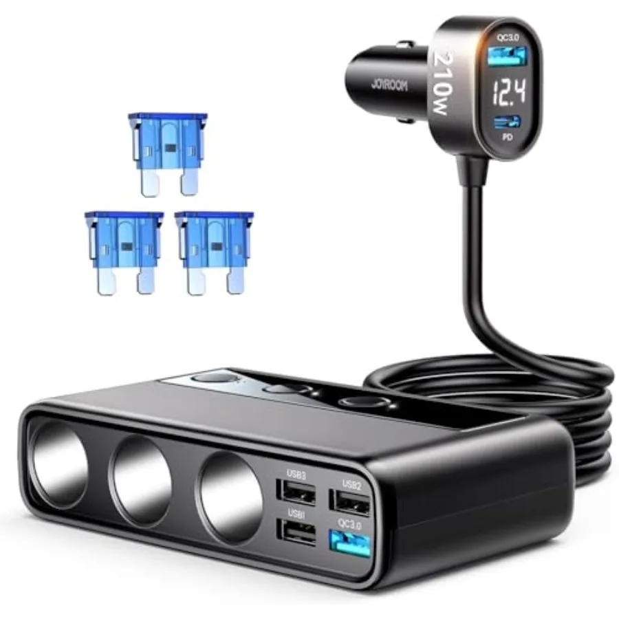 

9 in 1 Cigarette Lighter Splitter, 210W Cigarette Lighter Adapter with PD/QC 3.0 * 2 Charge 3.3FT Cable , 12V/24V Independent S