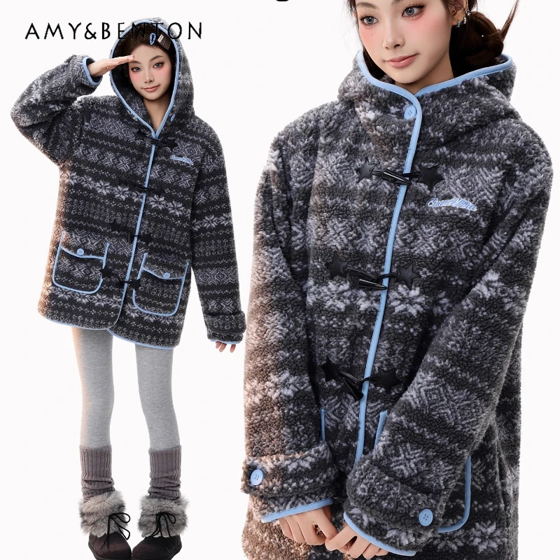 

American Vintage Design Snowflake Pattern Horn Button Women's Cotton Jacket Autumn Winter New Loose Warm Mid-length Coat Ladies