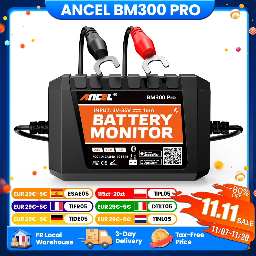 ANCEL BM300 PRO 6V 12V 24V batterijtester Bluetooth 5.3 batterijmonitor met oplaadstartsysteemtest en alarm Batterijtest