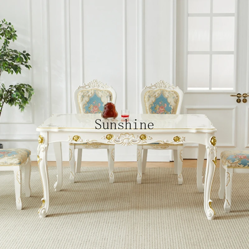 

European high-end dining table and chair combination white solid wood rectangular cream style dining table