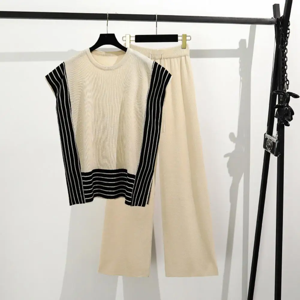 

Women Top Pants Set Women's Knitted Striped Two-piece Set with High Waist Pants Sleeveless Top Casual Homewear for Stylish